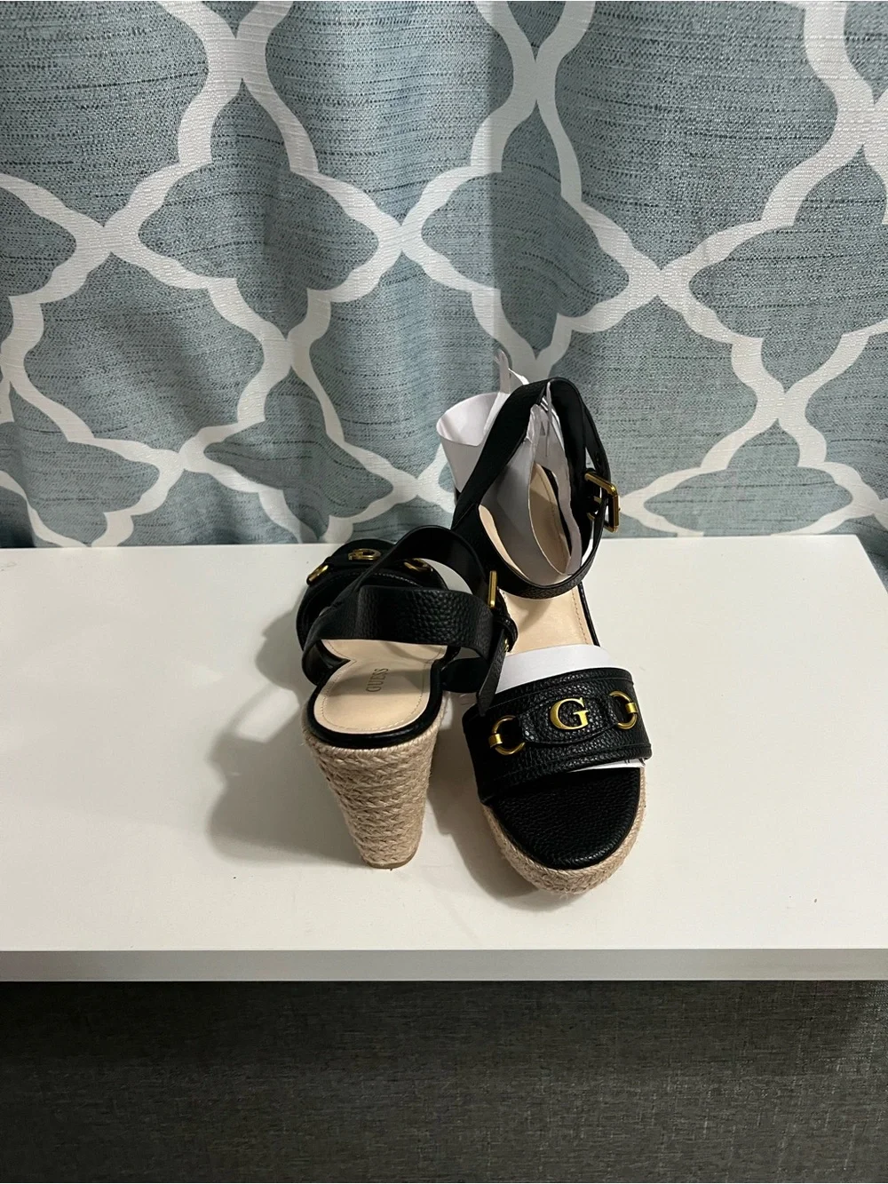 Guess Black Espadrille Wedge Sandals with Gold G Logo